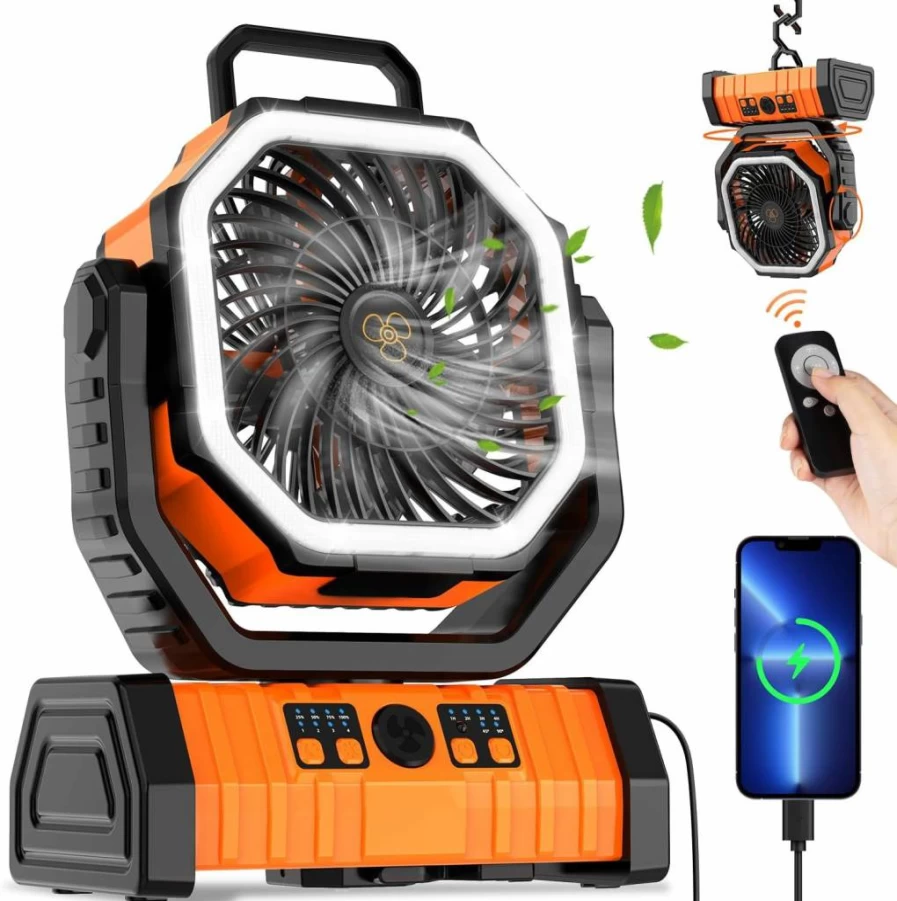 ZioeYiue 20000mAh Rechargeable Camping Fan with Remote, 4-Speed Portable Battery Operated Fan, LED Light & Hanging Hook for Tent, Picnic, Outdoor Use