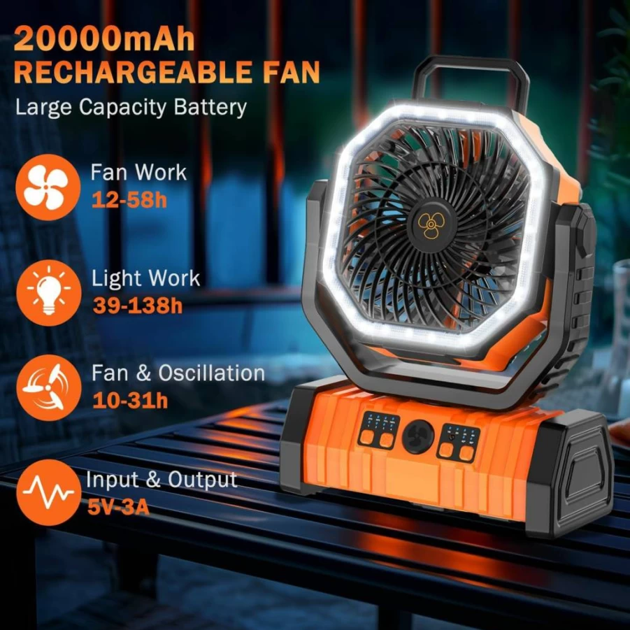 ZioeYiue 20000mAh Rechargeable Camping Fan with Remote, 4-Speed Portable Battery Operated Fan, LED Light & Hanging Hook for Tent, Picnic, Outdoor Use