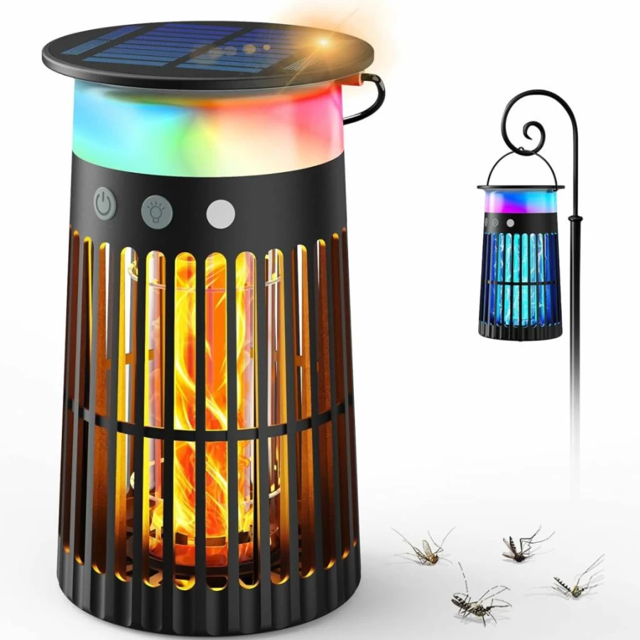 PhatroyYee Solar-Powered Bug Zapper - 4200V Waterproof Outdoor Mosquito Killer with 4000mAh Battery, RGB & Flame Effect Lights for Patio, Backyard, Camping