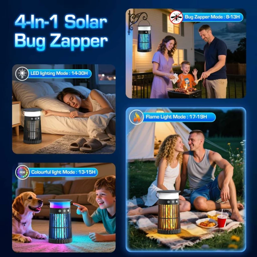 PhatroyYee Solar-Powered Bug Zapper - 4200V Waterproof Outdoor Mosquito Killer with 4000mAh Battery, RGB & Flame Effect Lights for Patio, Backyard, Camping