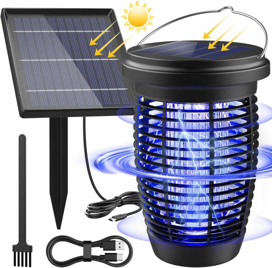 PALONE Solar-Powered Bug Zapper - 4500V Mosquito Killer Lamp for Indoor/Outdoor Use, 2-in-1 UV Light Insect Trap with Ground Pole & Type-C Charging for Patio, Backyard, Camping