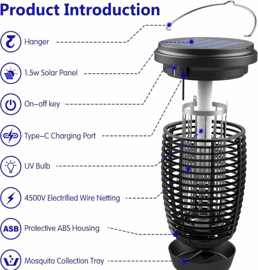 PALONE Solar-Powered Bug Zapper - 4500V Mosquito Killer Lamp for Indoor/Outdoor Use, 2-in-1 UV Light Insect Trap with Ground Pole & Type-C Charging for Patio, Backyard, Camping