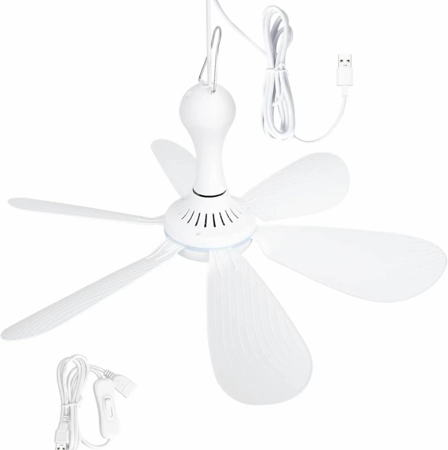 Xindejia 6-Inch USB Powered Quiet Ceiling Fan - 5V DC Portable Hanging Fan for Indoor, Outdoor, RV, Bedroom, Dorm, Desk, Camping Tent, White
