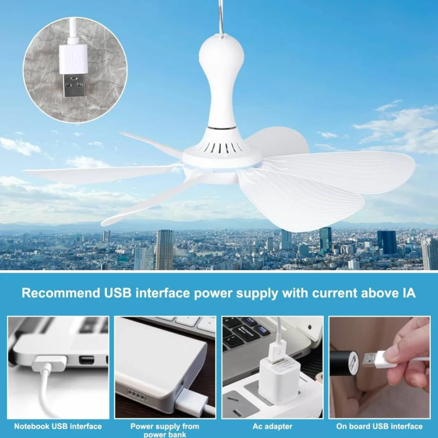 Xindejia 6-Inch USB Powered Quiet Ceiling Fan - 5V DC Portable Hanging Fan for Indoor, Outdoor, RV, Bedroom, Dorm, Desk, Camping Tent, White