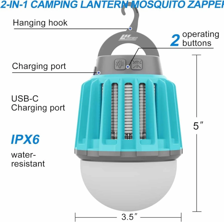 WI WISELY USB-C Rechargeable Bug Zapper & Mosquito Killer Lamp - Portable Indoor/Outdoor Electronic Insect Trap with LED Light (Ocean Blue)