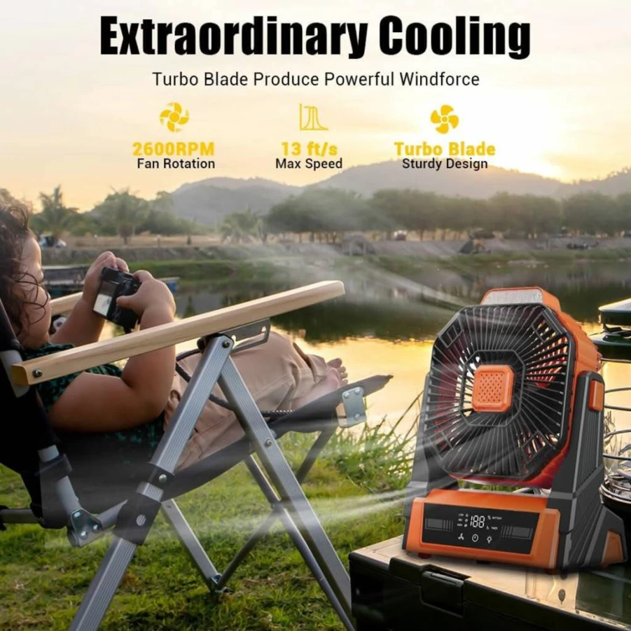 Instern Portable Rechargeable Desk Fan with LED Light - 20000mAh Battery Operated, Camping Tent Fan for Travel, Home, Bedroom, Jobsite, Beach Vacation Essentials