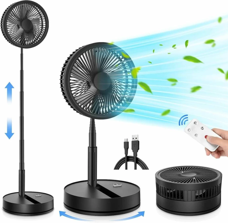 LIPETY 9" Portable Rechargeable Oscillating Fan with 7200mAh Battery, USB-C Charging, Remote Control, Quiet Folding Desk Fan for Home, Office, Camping, and Travel