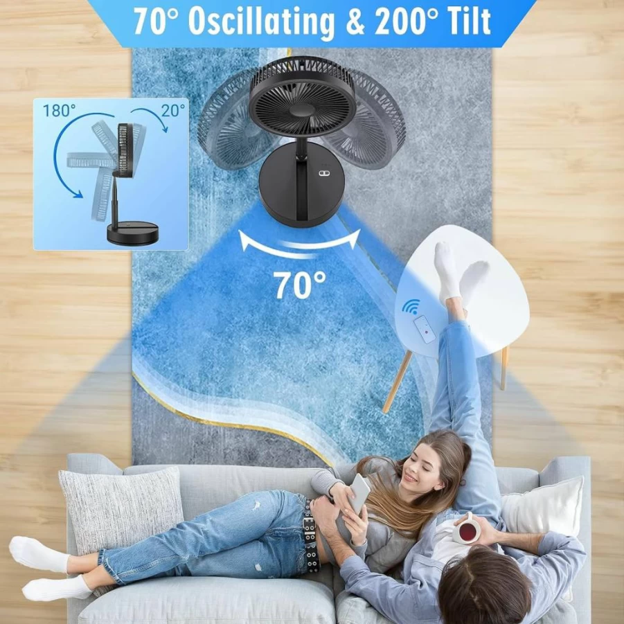 LIPETY 9" Portable Rechargeable Oscillating Fan with 7200mAh Battery, USB-C Charging, Remote Control, Quiet Folding Desk Fan for Home, Office, Camping, and Travel