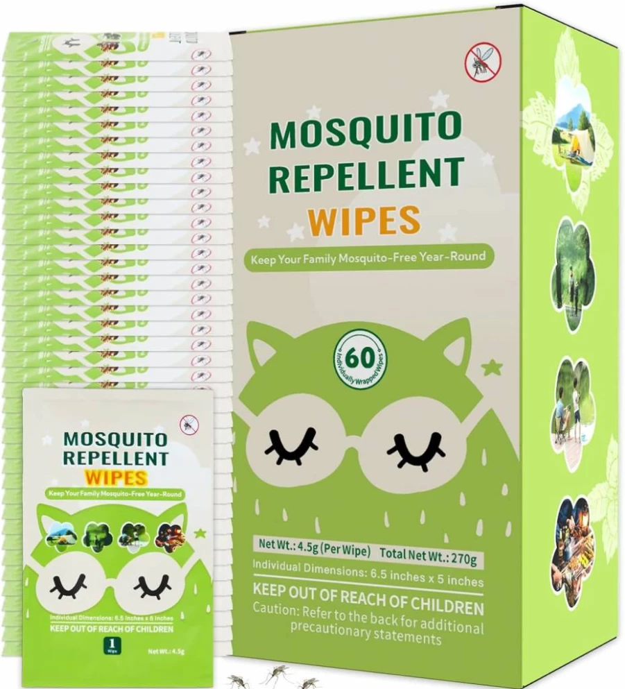60 Pcs FLODTEEK Mosquito Repellent Wipes, Natural Plant-Based Essential Oils, Safe & Effective Insect Protection for Outdoor Activities, Long-Lasting, Individually Wrapped
