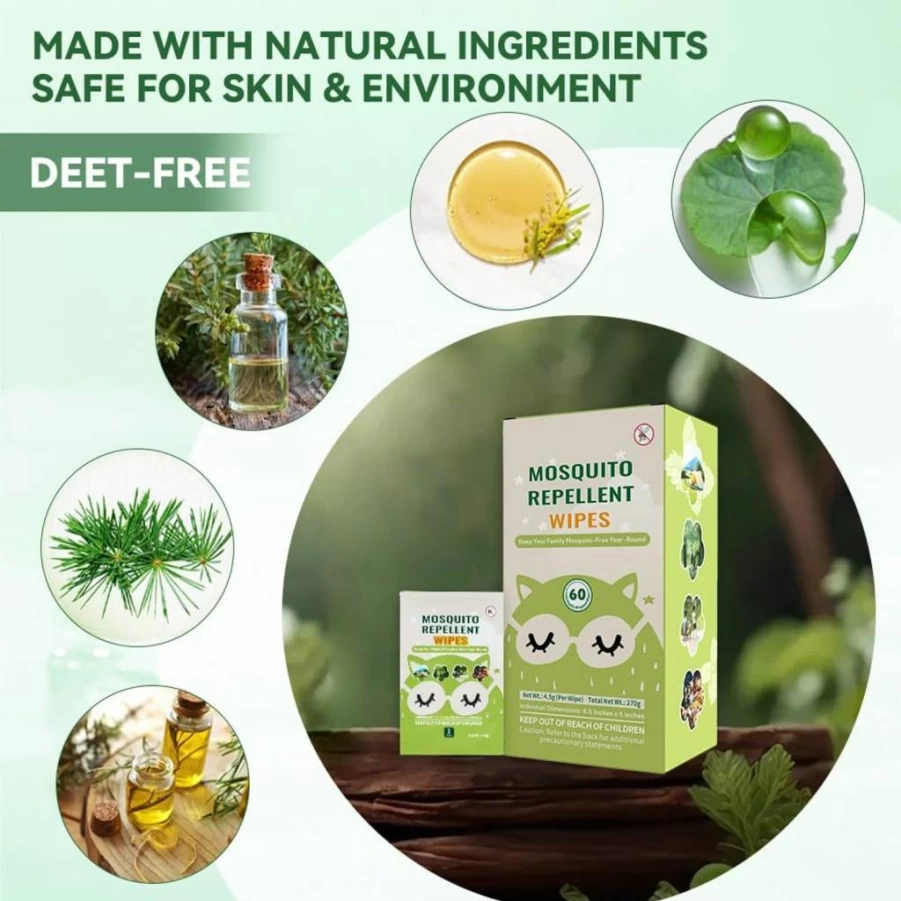 60 Pcs FLODTEEK Mosquito Repellent Wipes, Natural Plant-Based Essential Oils, Safe & Effective Insect Protection for Outdoor Activities, Long-Lasting, Individually Wrapped