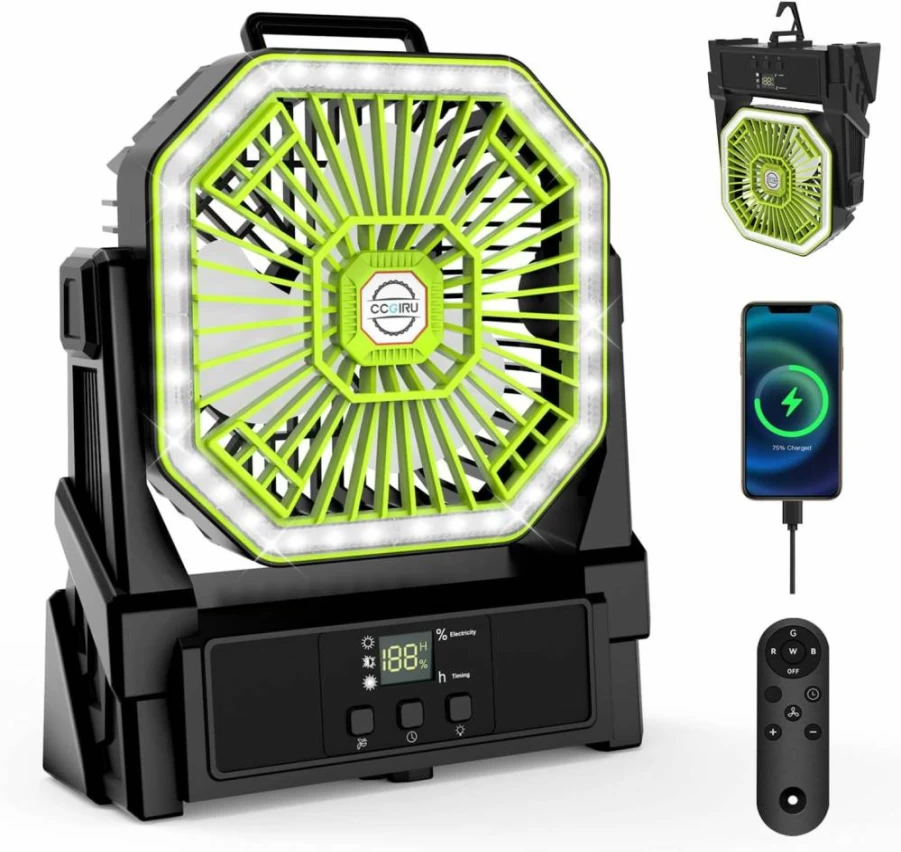 CCGIRU Portable Rechargeable Outdoor Camping Fan with 4 LED Lights, 20000mAh Battery, Remote Control, 4 Speed Settings, 4 Timer Options for Picnic, BBQ, Fishing, and Home Use