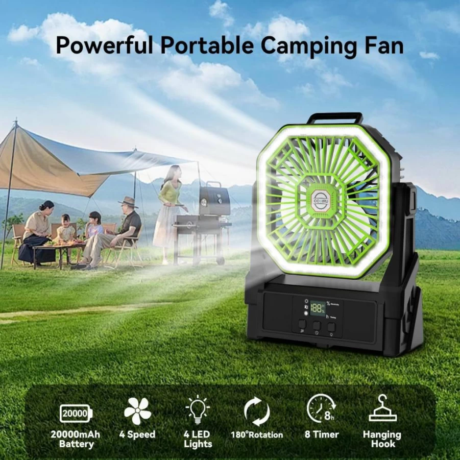 CCGIRU Portable Rechargeable Outdoor Camping Fan with 4 LED Lights, 20000mAh Battery, Remote Control, 4 Speed Settings, 4 Timer Options for Picnic, BBQ, Fishing, and Home Use