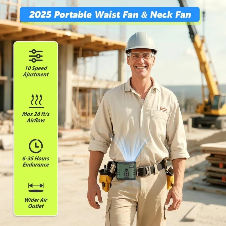 Lazyshine 2025 Portable AI Waist Fan - Rechargeable 4-Speed Belt Clip Fan with 17000RPM Strong Airflow for Outdoor, Camping, Travel - Ideal Father's Day Cooling Gift