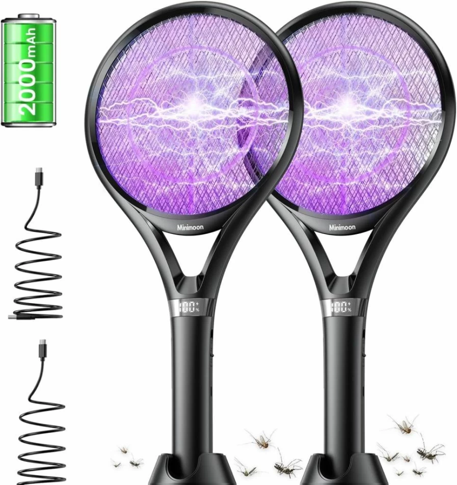Minimoon Rechargeable Electric Fly Swatter - 2500V Mosquito Zapper with LED Display, 2000mAh Battery, 3-Layer Safety Mesh, Dual Modes for Indoor, Outdoor & Camping Use
