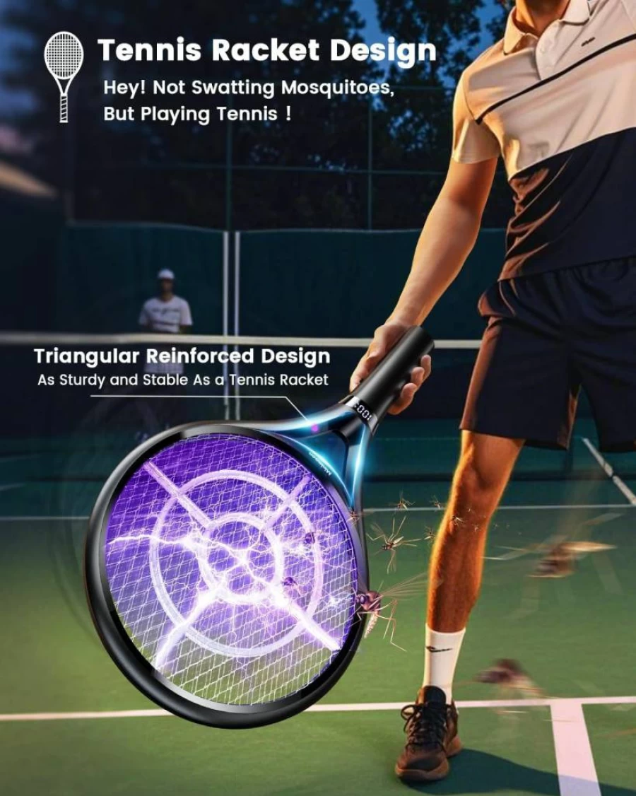 Minimoon Rechargeable Electric Fly Swatter - 2500V Mosquito Zapper with LED Display, 2000mAh Battery, 3-Layer Safety Mesh, Dual Modes for Indoor, Outdoor & Camping Use
