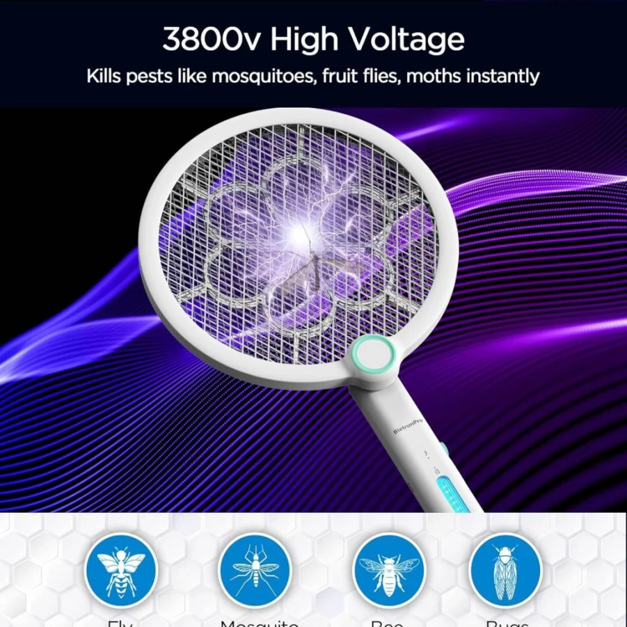 BietrunPro 2 Pack Rechargeable Electric Fly Swatter - 3000V Bug Zapper with UV Light, Portable Cordless Mosquito Killer for Indoor, Home, Office - Kills Mosquitoes, Flies, Wasps, Gnats, Fruit Flies