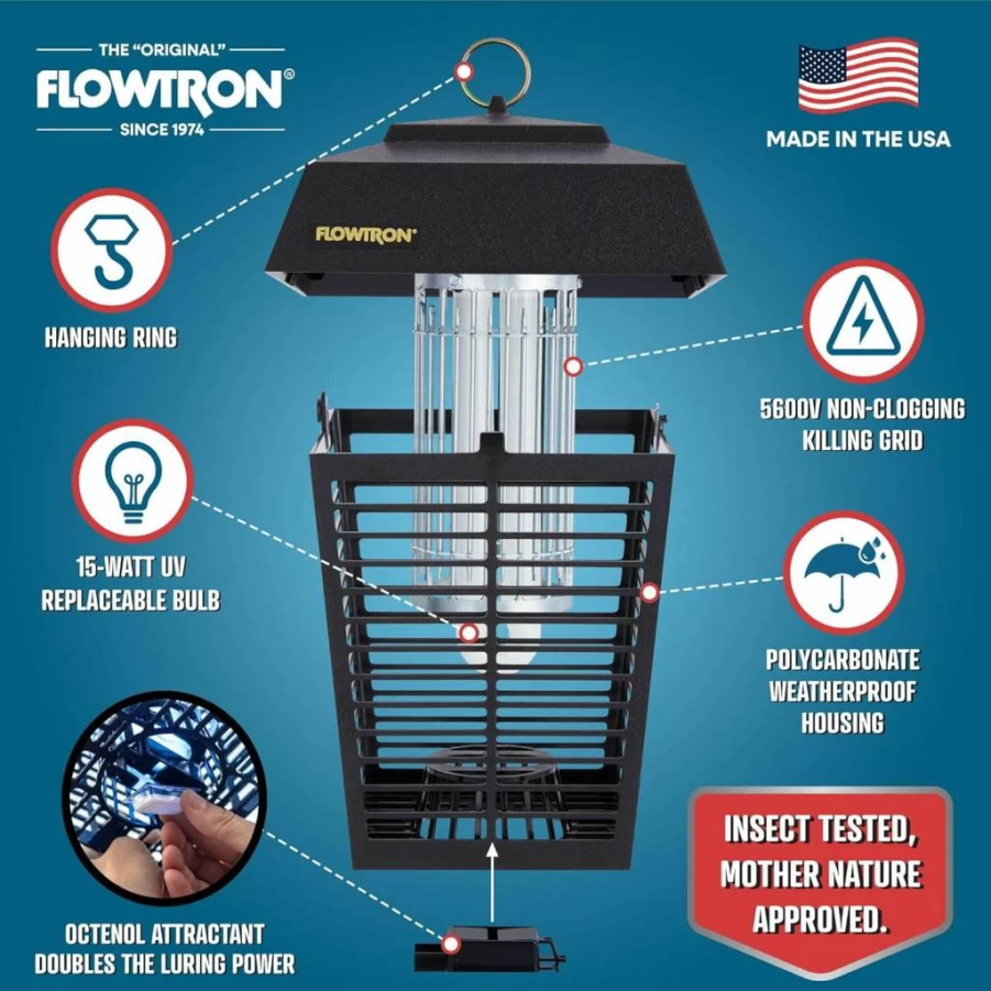 Flowtron 15W Electric Bug Zapper for Outdoor Mosquito & Fly Control - 1/2 Acre Coverage, Dual Lure UV Light & Octenol Attractant, 5600V Grid, UL Certified (Made in USA)
