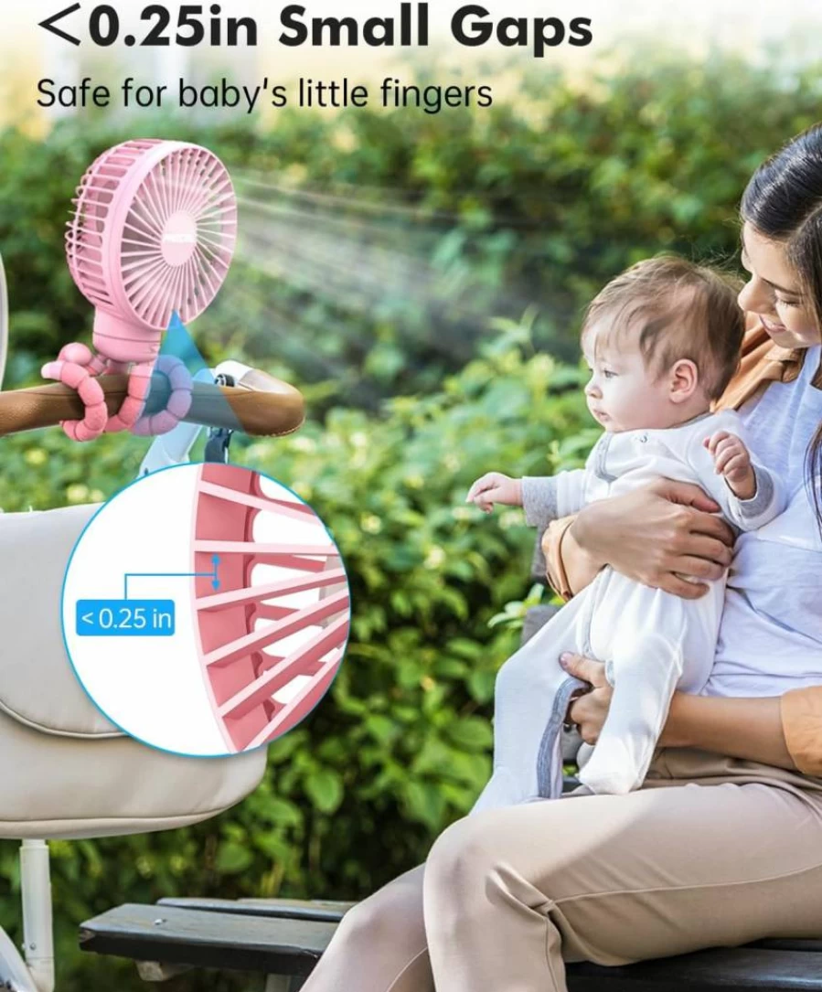 FRIZCOL Rechargeable Stroller Fan for Baby - Portable Clip On Fan with 24H Battery Life for Car Seat, Desk, Camping & Travel