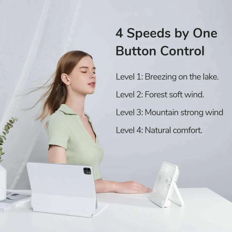 JISULIFE Portable Desk Fan with 4500mAh Rechargeable Battery, 180° Foldable, 4 Speed Settings, Long-Lasting for Home, Office, Travel, Outdoor - Ideal Gift for Men and Women - White