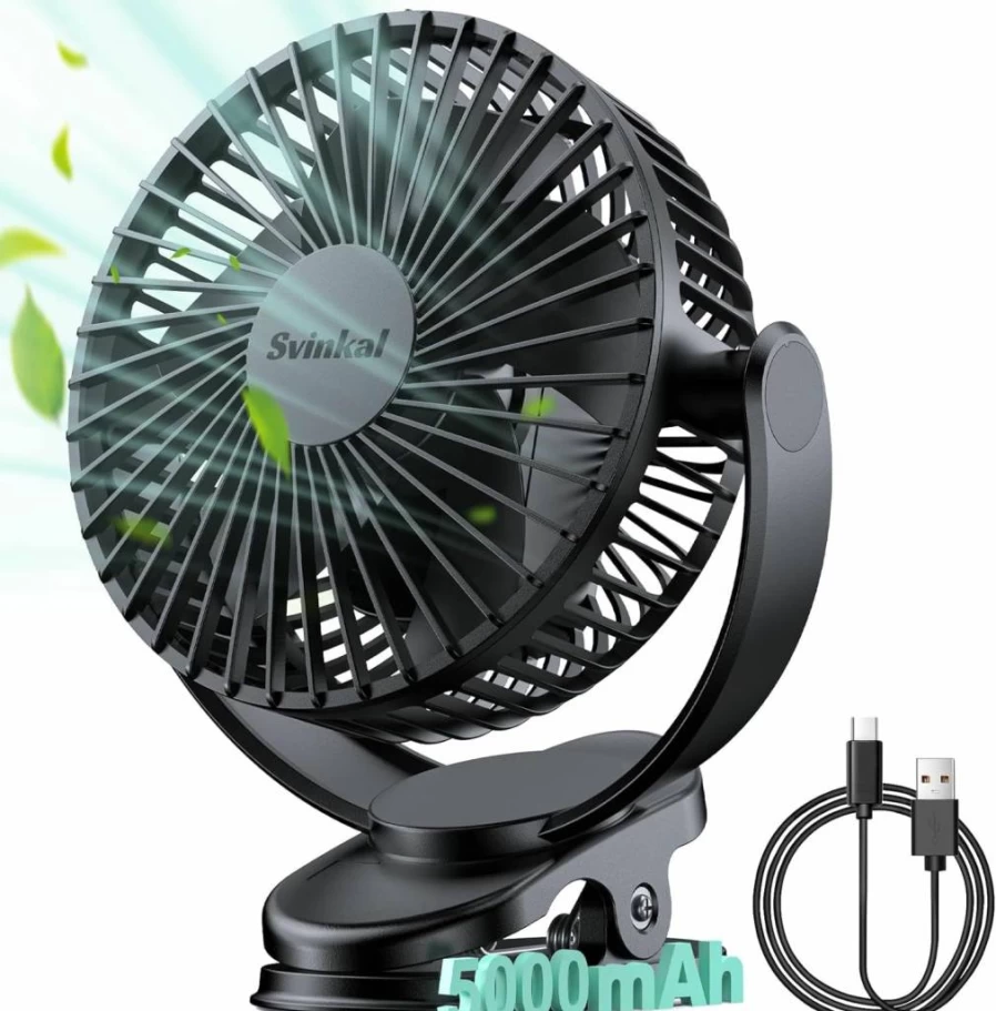 Svinkal Portable Clip On Fan with 5000mAh Battery, 6-Inch USB/Type-C Rechargeable, 3 Speed Settings, 720° Adjustable, for Desk, Bedroom, Camping, Stroller, Golf Cart, Dormitory
