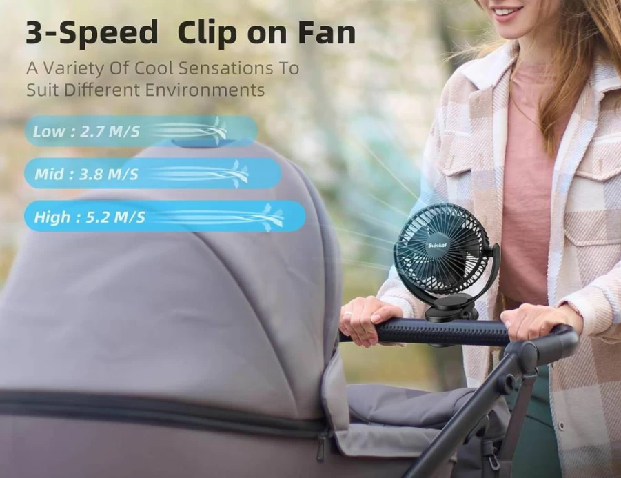 Svinkal Portable Clip On Fan with 5000mAh Battery, 6-Inch USB/Type-C Rechargeable, 3 Speed Settings, 720° Adjustable, for Desk, Bedroom, Camping, Stroller, Golf Cart, Dormitory