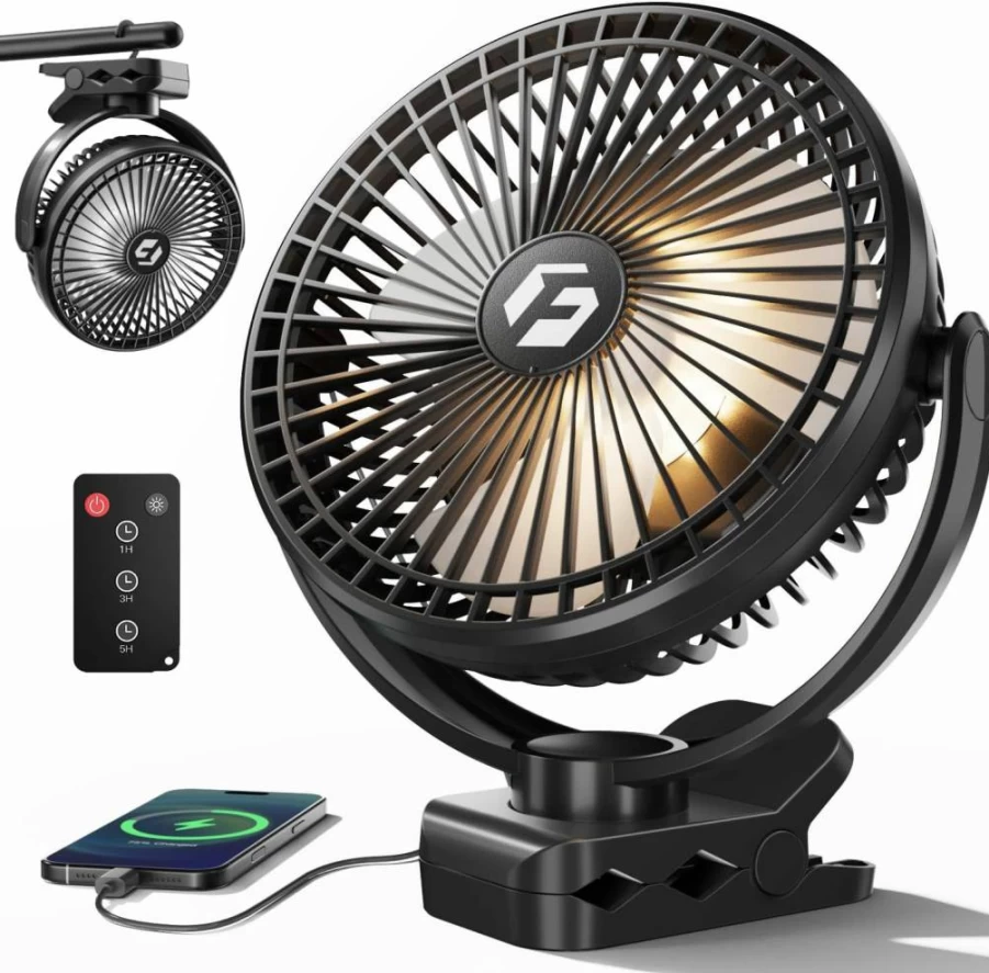 FRIZCOL 8-Inch Rechargeable Clip-On Fan with 12000mAh Battery, Remote Control, LED Light, and Sturdy Clamp for Golf Cart, Desk, Camping, Office, Stroller, Bedroom, and Tent