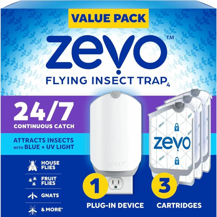 ZEVO Flying Insect Trap with 3 Refill Cartridges - Indoor Plug-In Fly Trap for Gnats, Fruit Flies & House Flies - Blue UV Light Technology - Mess-Free Bug Catcher for Any Room