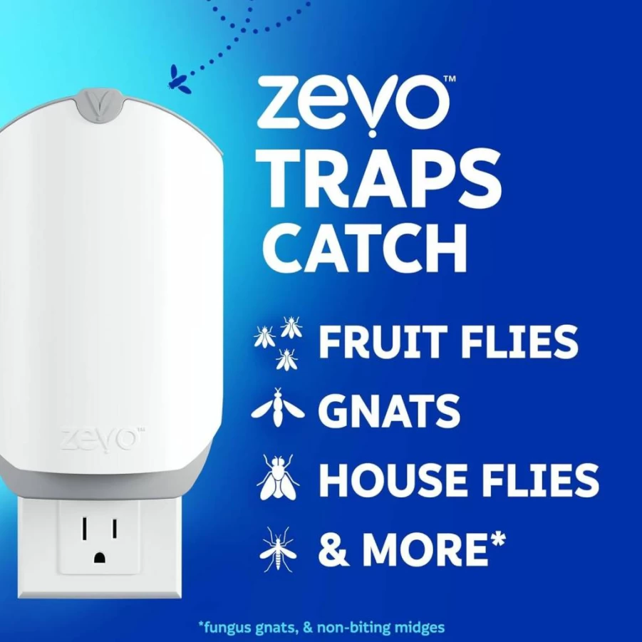 ZEVO Flying Insect Trap with 3 Refill Cartridges - Indoor Plug-In Fly Trap for Gnats, Fruit Flies & House Flies - Blue UV Light Technology - Mess-Free Bug Catcher for Any Room