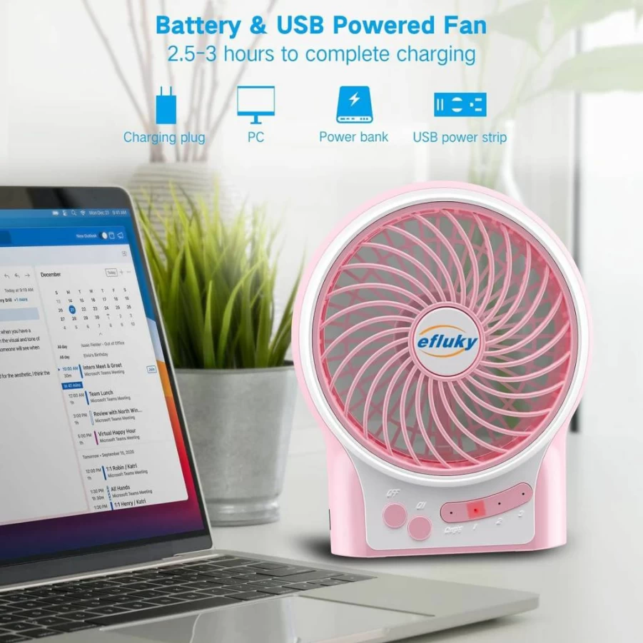Efluky 4.9-Inch USB Mini Desk Fan with LED Light - 3-Speed Portable, Quiet Cooling for Home, Office, Travel, Camping | Indoor Outdoor Use - Black