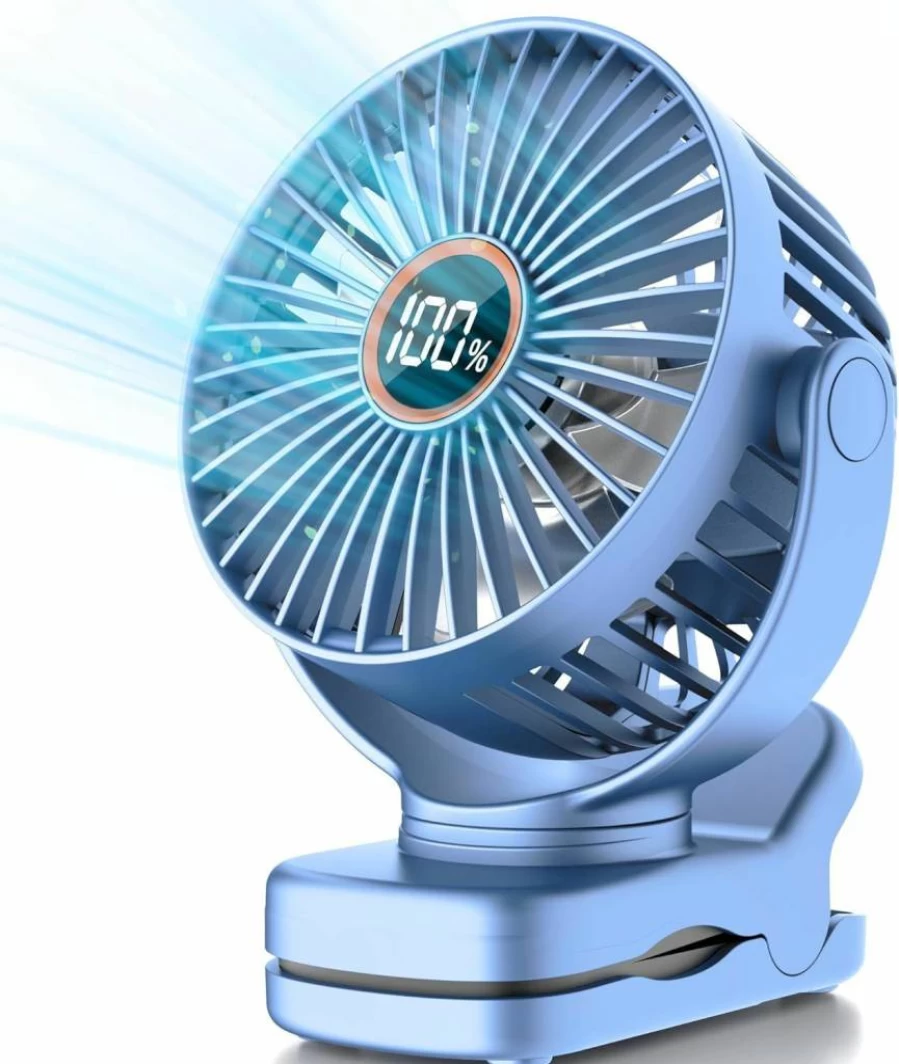 TUNISE Mini Clip On Fan - 360° Adjustable, 3 Speed Digital Desk Fan with Super Strong Wind, Battery Operated Portable Fan for Home, Office, Camping & Stroller, Black
