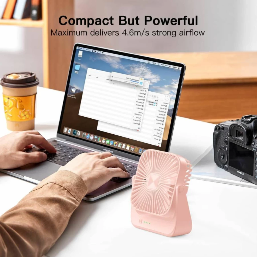 OLV Rechargeable Mini Desk Fan - 4 Speed Ultra Quiet Portable Fan with 360° Adjustable Head for Office, Bedroom, Home, Kitchen & Outdoor Use