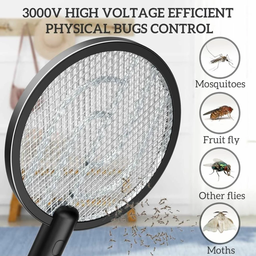 PALONE Rechargeable Electric Fly Swatter 4000V Mosquito Zapper Racket with Safety Mesh, 1200mAh Battery, Indoor/Outdoor Bug Killer Lamp