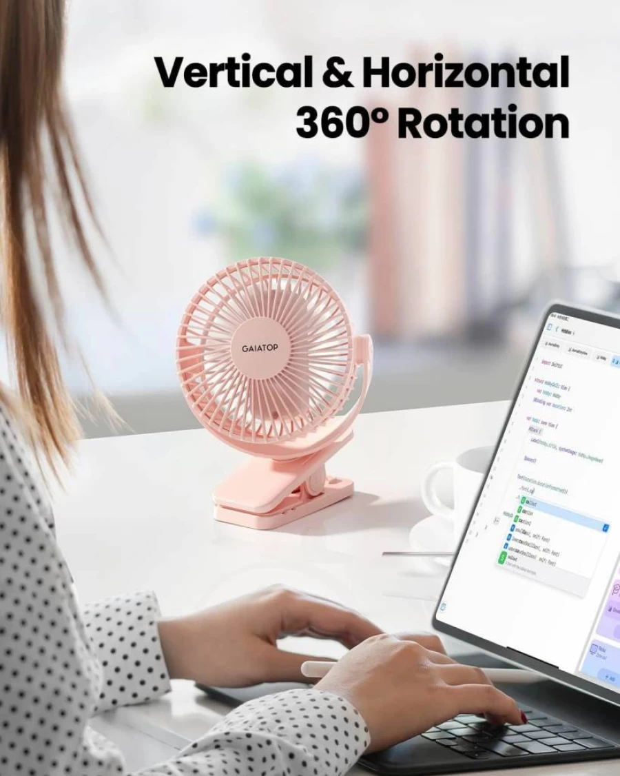 Gaiatop Portable Clip On Fan - USB Rechargeable, 3 Speed Quiet Mini Desk Fan, 360° Rotatable for Home Office Stroller Camping, Battery Operated Personal Cooling Gift (Black/Blue)