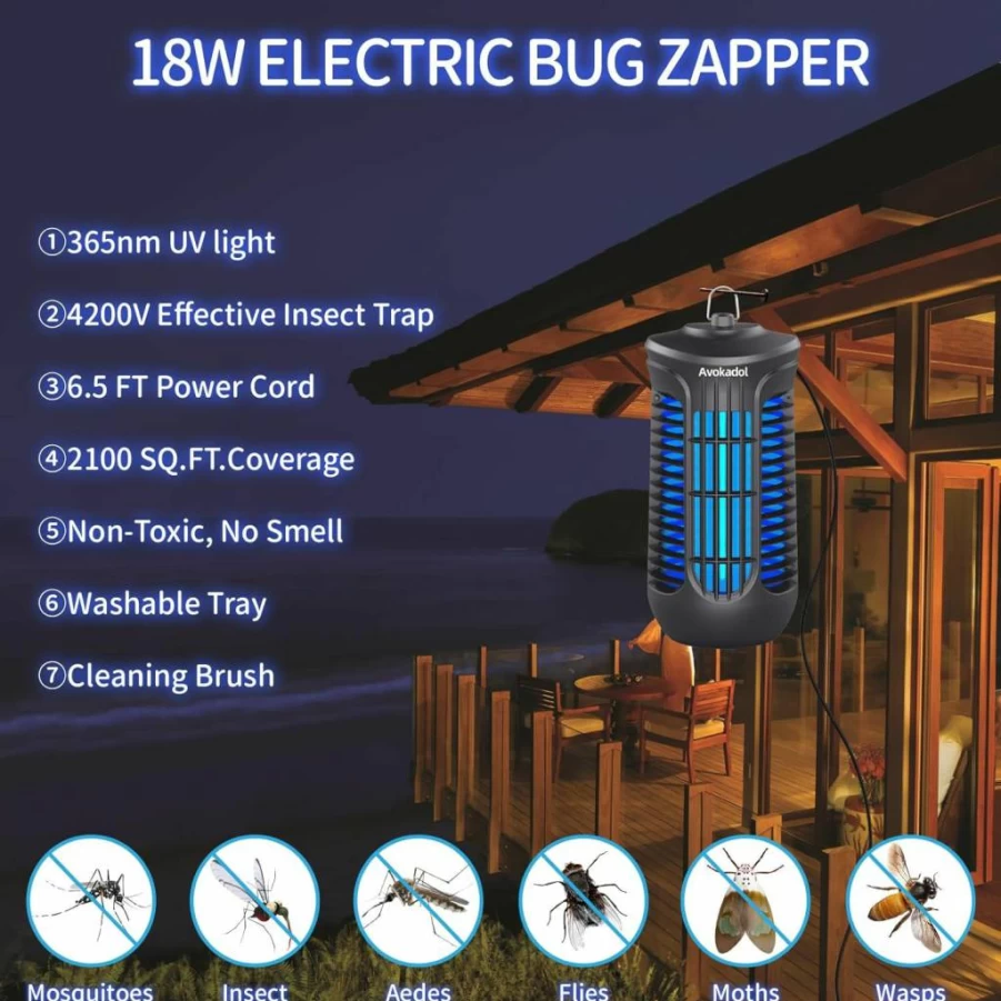 Avokadol Bug Zapper - 18W Electronic Mosquito Killer for Indoor & Outdoor Use, 4200V High Power Fly Trap with 6.5 Ft Cord, Ideal for Home, Patio, Garden, and Kitchen Pest Control
