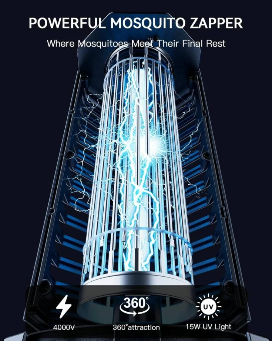 Minimoon 4000V Electric Bug Zapper for Indoor & Outdoor Use - 15W Powerful Mosquito, Fly Trap for Yard, Backyard, Patio, Camping - IPX4 Waterproof, Corded (Black)