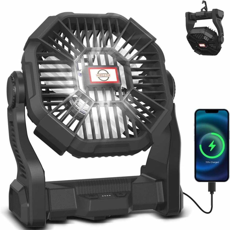 Wivflow Portable Camping Fan with LED Light - 20000mAh Rechargeable Battery, Adjustable Speed & Brightness, Hanging/Handheld Design for Outdoor & Indoor Use (Black)