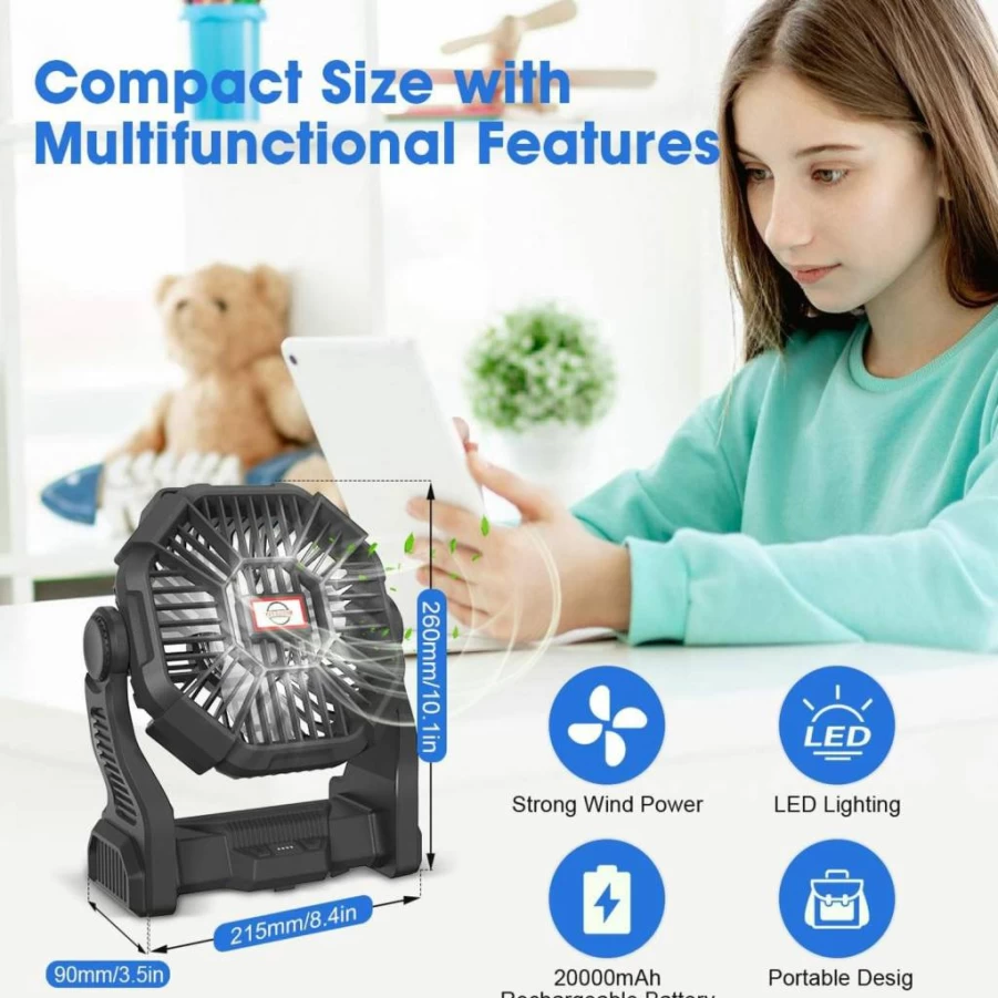 Wivflow Portable Camping Fan with LED Light - 20000mAh Rechargeable Battery, Adjustable Speed & Brightness, Hanging/Handheld Design for Outdoor & Indoor Use (Black)