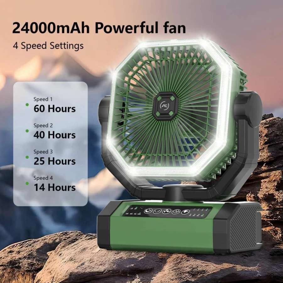 Allsion Portable Fan with 24000mAh Battery, Remote Control & LED Light, 4-Speed Strong Airflow for Desk, Camping, Outdoor, Gym, Office, Travel, and Treadmill