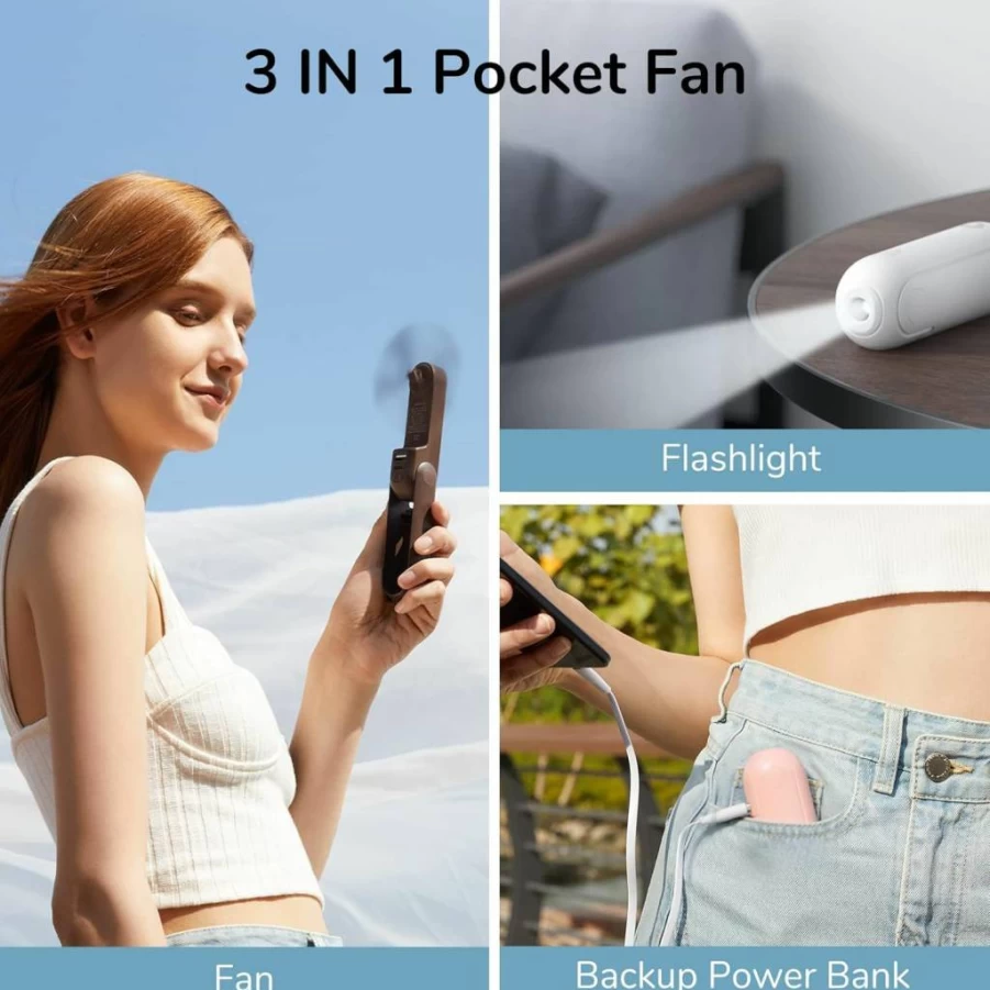 JISULIFE Portable Handheld Fan - USB Rechargeable Mini Fan with Power Bank, Flashlight, 12-19 Hours Runtime, Compact Travel Fan for Women, Summer, Outdoors, Pink