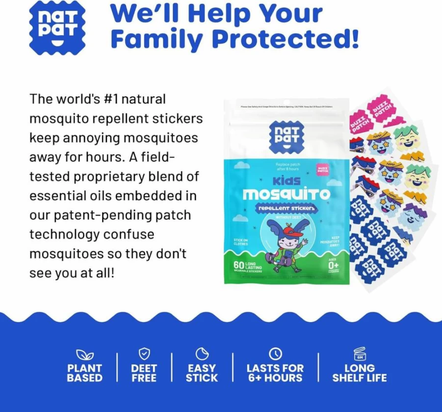 BUZZPATCH Natural Mosquito Repellent Patches for Kids - 60 Plant-Based, DEET-Free Stickers with Citronella Oil, Safe for Toddlers & Children