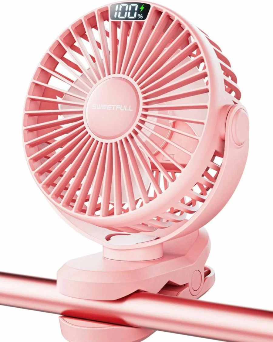 SWEETFULL Portable Clip On Fan - 4000mAh Rechargeable Stroller Fan with LED Display, 4 Speed Settings, Mini Desk Cooler for Travel, Camping, Gym, Golf Cart (Black)