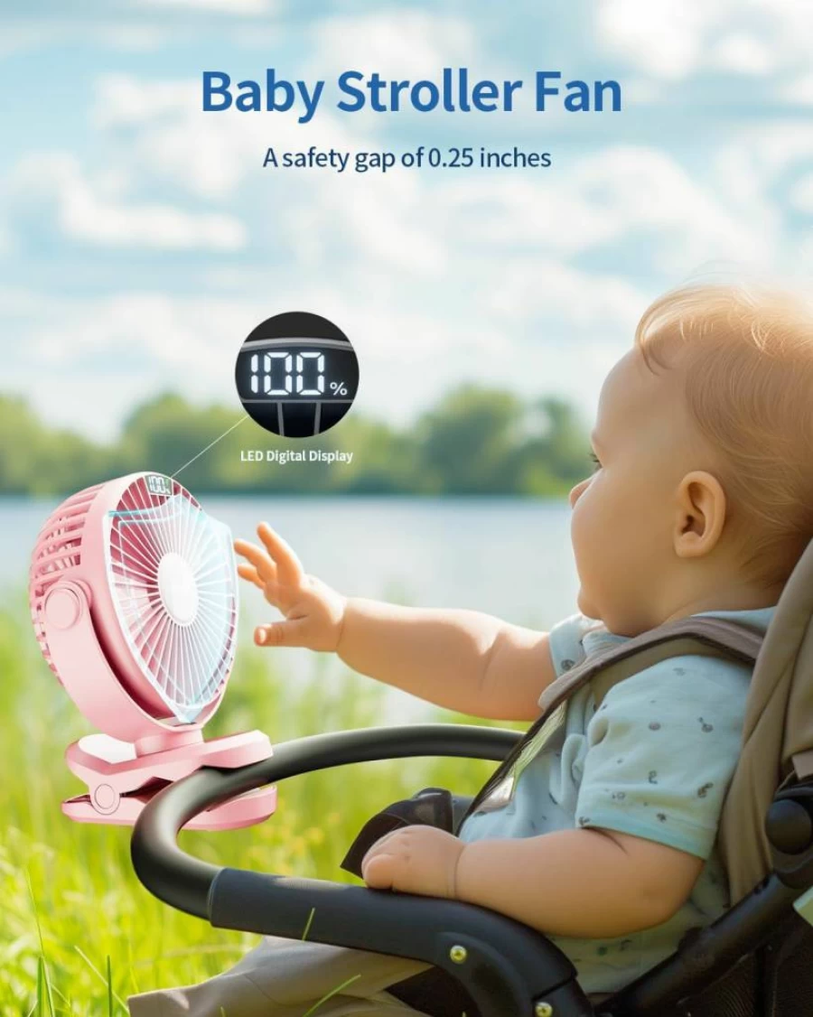 SWEETFULL Portable Clip On Fan - 4000mAh Rechargeable Stroller Fan with LED Display, 4 Speed Settings, Mini Desk Cooler for Travel, Camping, Gym, Golf Cart (Black)