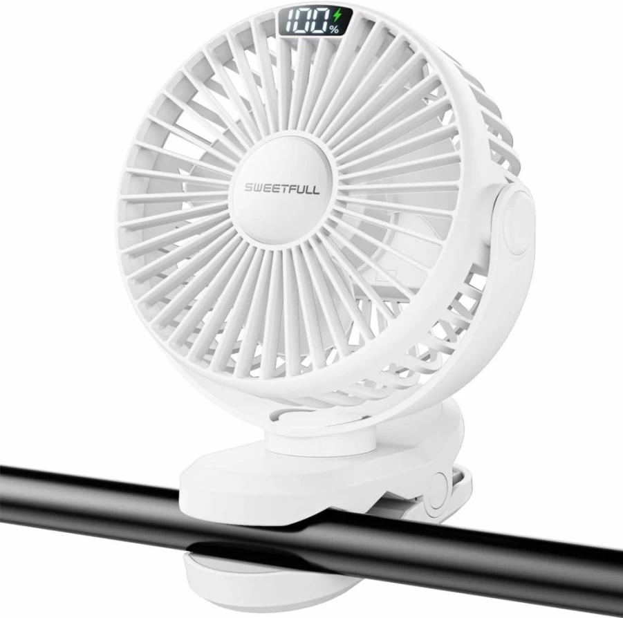 SWEETFULL Portable Clip On Fan - 4000mAh Rechargeable Stroller Fan with LED Display, 4 Speed Settings, Mini Desk Cooler for Travel, Camping, Gym, Golf Cart (Black)