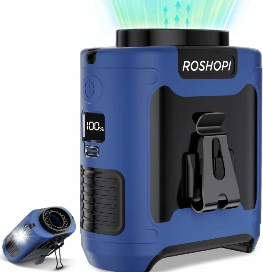 ROSHOPI 2025 Portable Neck Fan - 10000mAh Rechargeable Battery, 40H Runtime, 5 Speed Levels, 16000RPM Strong Airflow, Clip-On Design for Belt/Desk, LED Light, Ideal for Camping Travel Outdoor Indoor Use