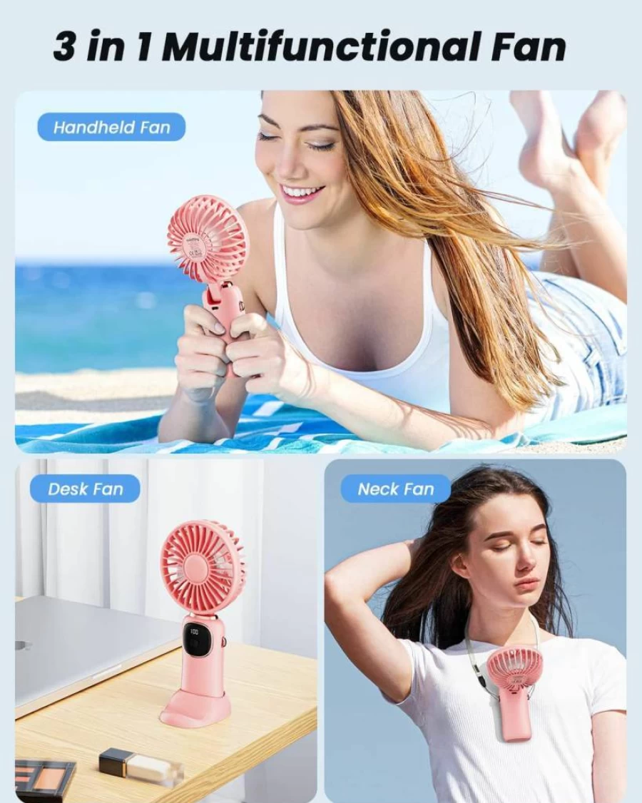ColdSky Portable Handheld Fan - 4000mAh Rechargeable 3-in-1 Personal Fan with LED Display, 5 Speed Settings, Foldable Design for Neck/Handheld/Desk Use, Makeup & Travel Cooling Fan