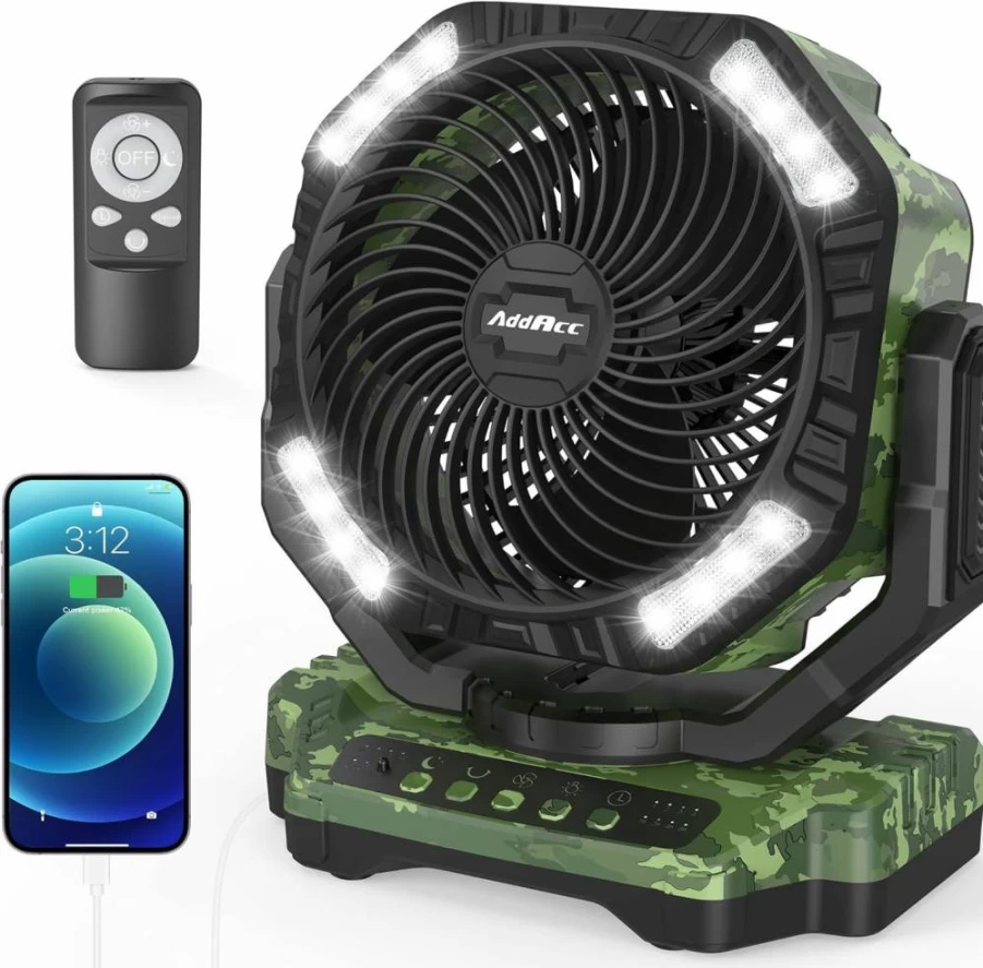 AddAcc 40000mAh Portable Camping Fan with Remote, Rechargeable High-Speed Floor Fan, 90° Oscillation, 24H Timer, Cordless Outdoor Fan for RV, Garage, Patio, Hurricane Emergency