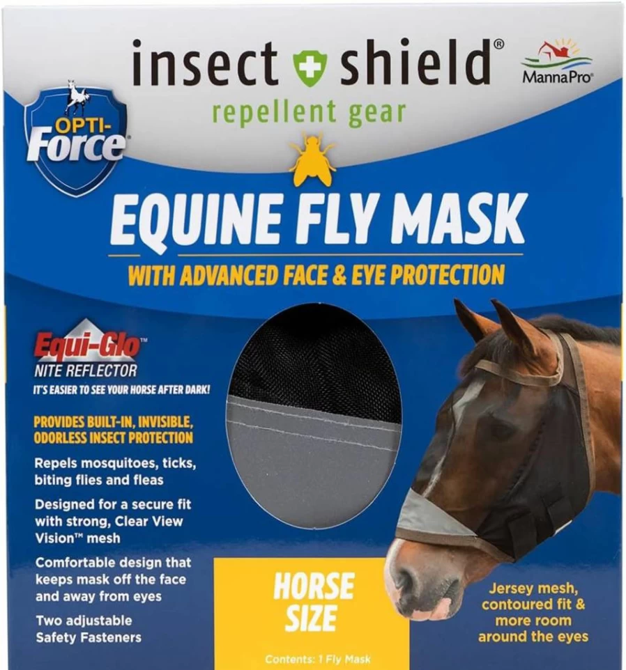 Manna Pro Opti-Force Equine Fly Mask with UV Protection - Adjustable Horse Fly Mask for Comfort - Insect Repellent Standard No Ears Design