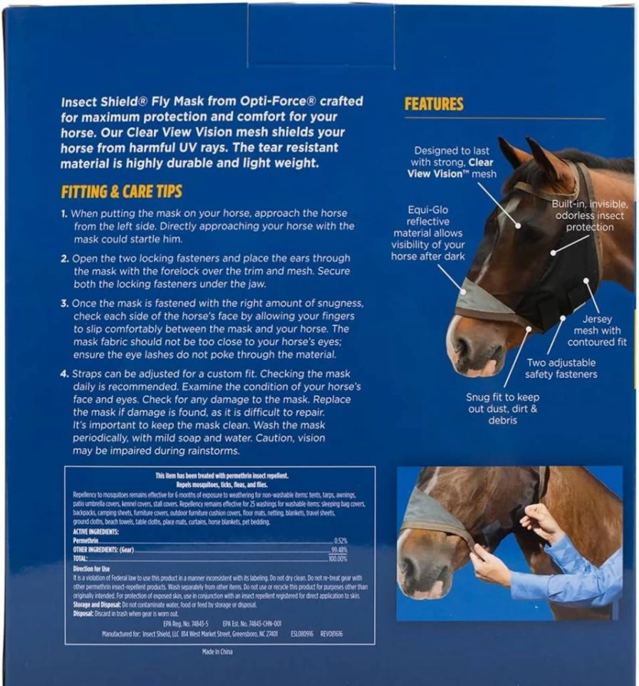 Manna Pro Opti-Force Equine Fly Mask with UV Protection - Adjustable Horse Fly Mask for Comfort - Insect Repellent Standard No Ears Design