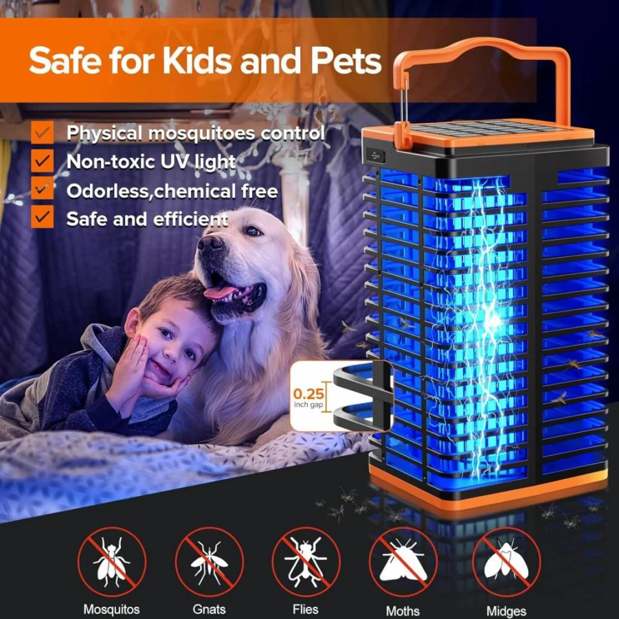 Kiies Rechargeable Bug Zapper for Indoor & Outdoor Use - 4200V Mosquito Killer with Solar Power, 4000mAh Battery, and Reading Lamp - Cordless Mosquito Trap for Home