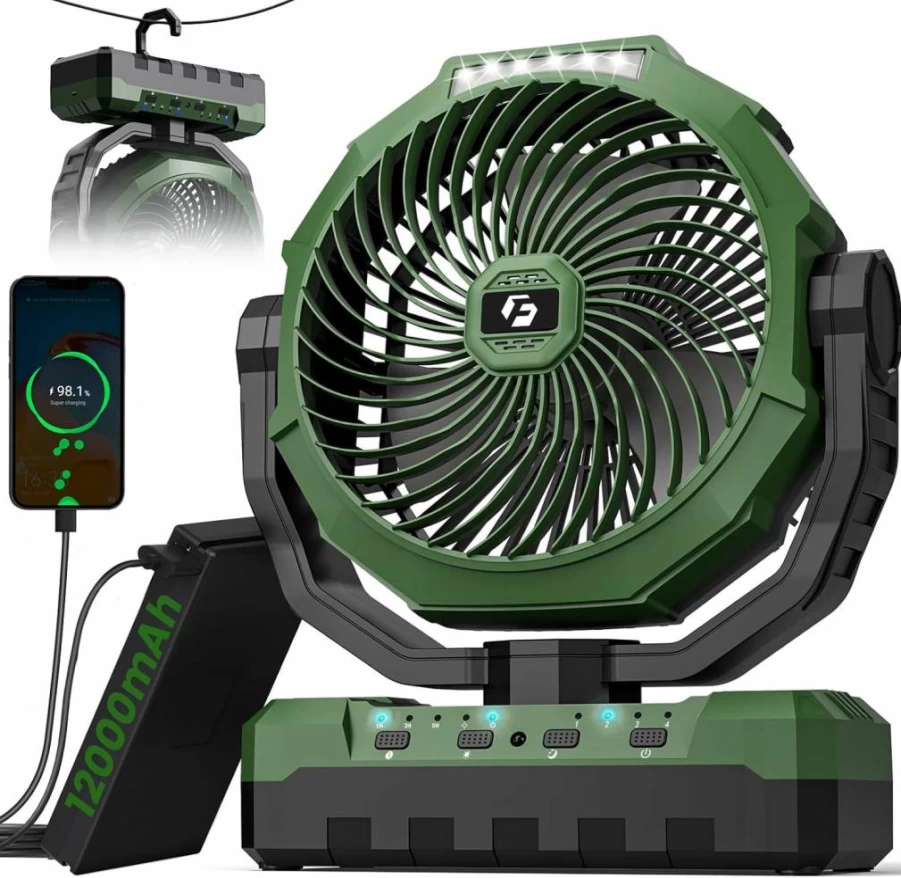 FRIZCOL Portable Camping Fan with Light - 3-in-1 Rechargeable Battery Powered Fan (24000mAh, 140Hrs) for Indoor, Outdoor, Tent, Travel, BBQ, Fishing - Includes Remote Control - Green
